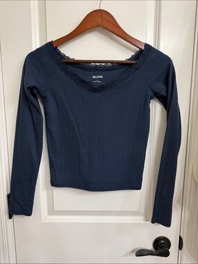 Hollister Navy Ribbed Lace-Trim Long Sleeve Top